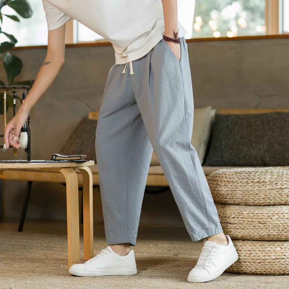 6 Colors! 2023 New Men'S Casual Pants Versatile Cotton Hemp Loose Linen Pants Korean Style Trendy Pants Straight Sleeve Joggers