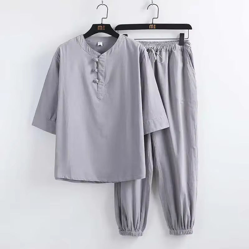Trendy Brand Hemp Suit Men'S Summer Thin Sports Casual Sitting Zen Meditation Clothes Cotton Linen Style Robe